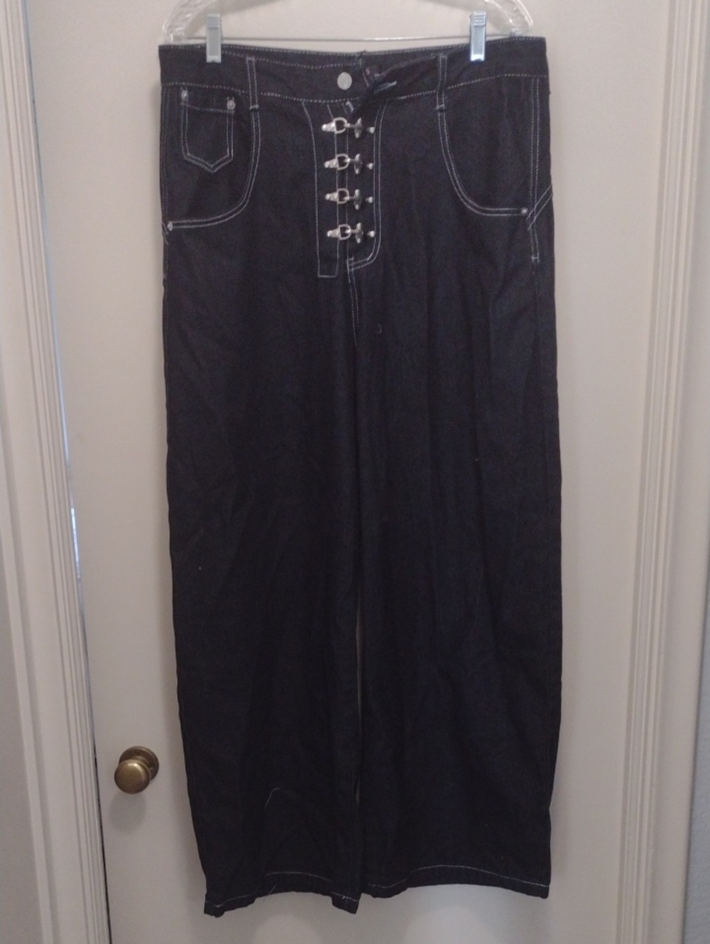 Micas Black Straight Wide-Leg Jeans with Front Buckles (J1240)